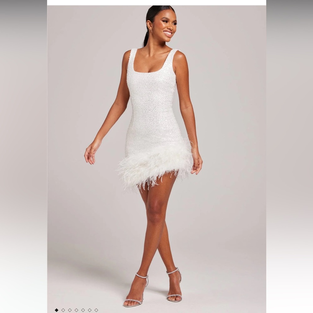 NADINE MERABI White Sequin Mini Dress with Feather Hem